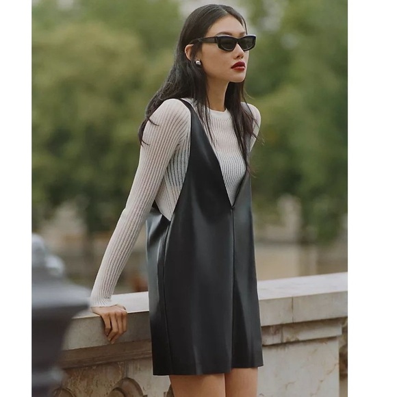 Anthropologie Sunday in Brooklyn Faux Leather Deep V Pinafore Dress Small EUC - Picture 1 of 7